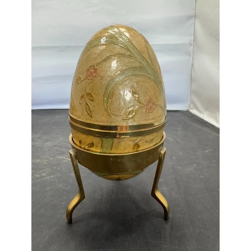 VTG Cream Pink Green Cloisonne Enamel Brass Egg On Stand Lift Off Trinket Box 6" - Picture 2 of 10